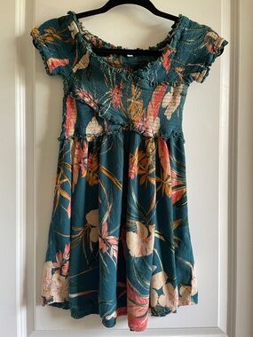 Patrons of Peace Teal Floral Smocked mini Dress or tropical tunic top read size